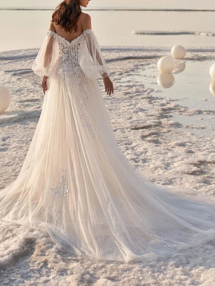 Wholesale A-Line/Princess Off-The-Shoulder Court Train Wedding Dress For Beaching Wedding